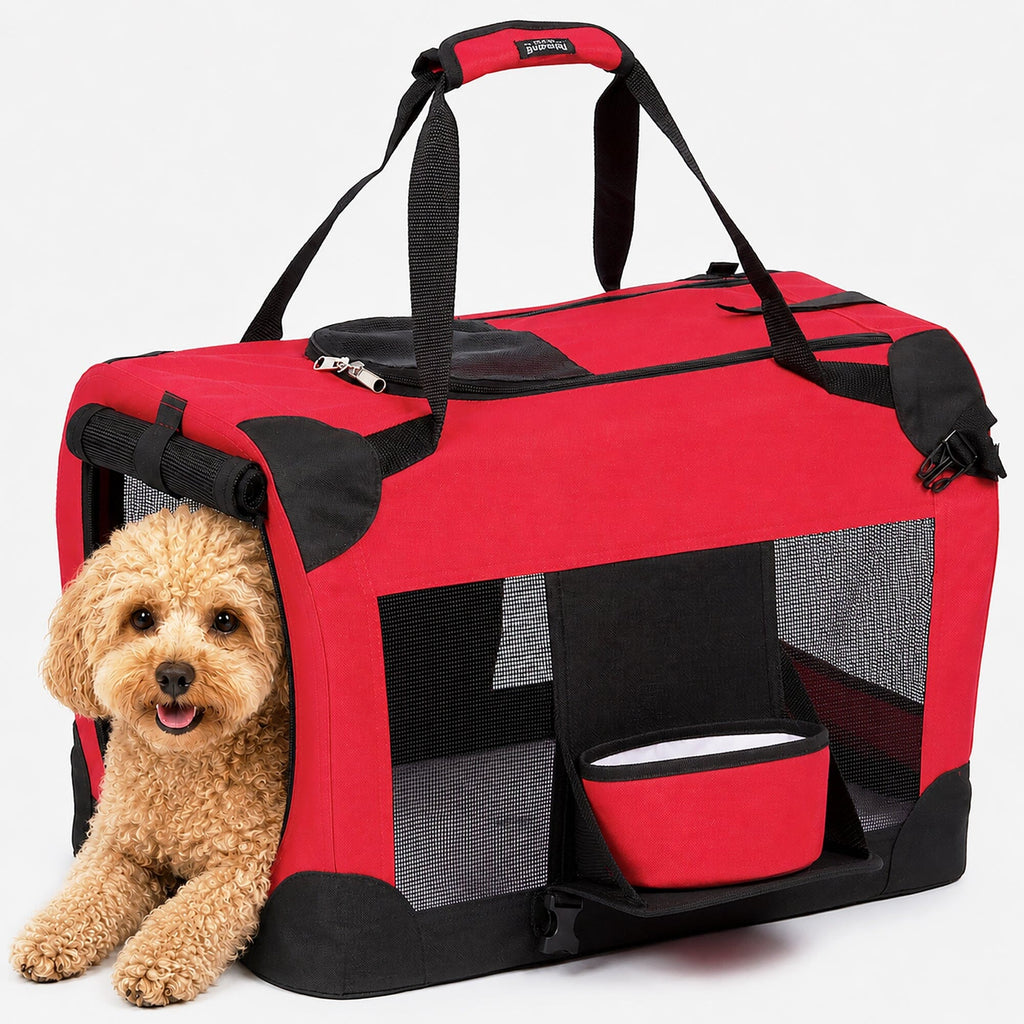Pet Life ® 'Deluxe 360° Vista View' Zippered Soft Folding Collapsible Metal Framed Pet Dog Crate House Carrier w/ Removable Bowl and Pop-out Tray
