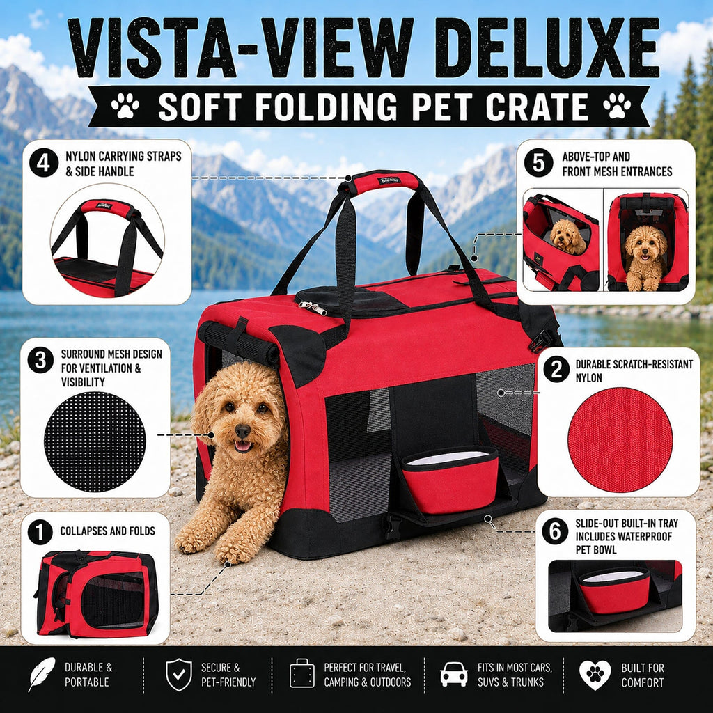 Pet Life ® 'Deluxe 360° Vista View' Zippered Soft Folding Collapsible Metal Framed Pet Dog Crate House Carrier w/ Removable Bowl and Pop-out Tray