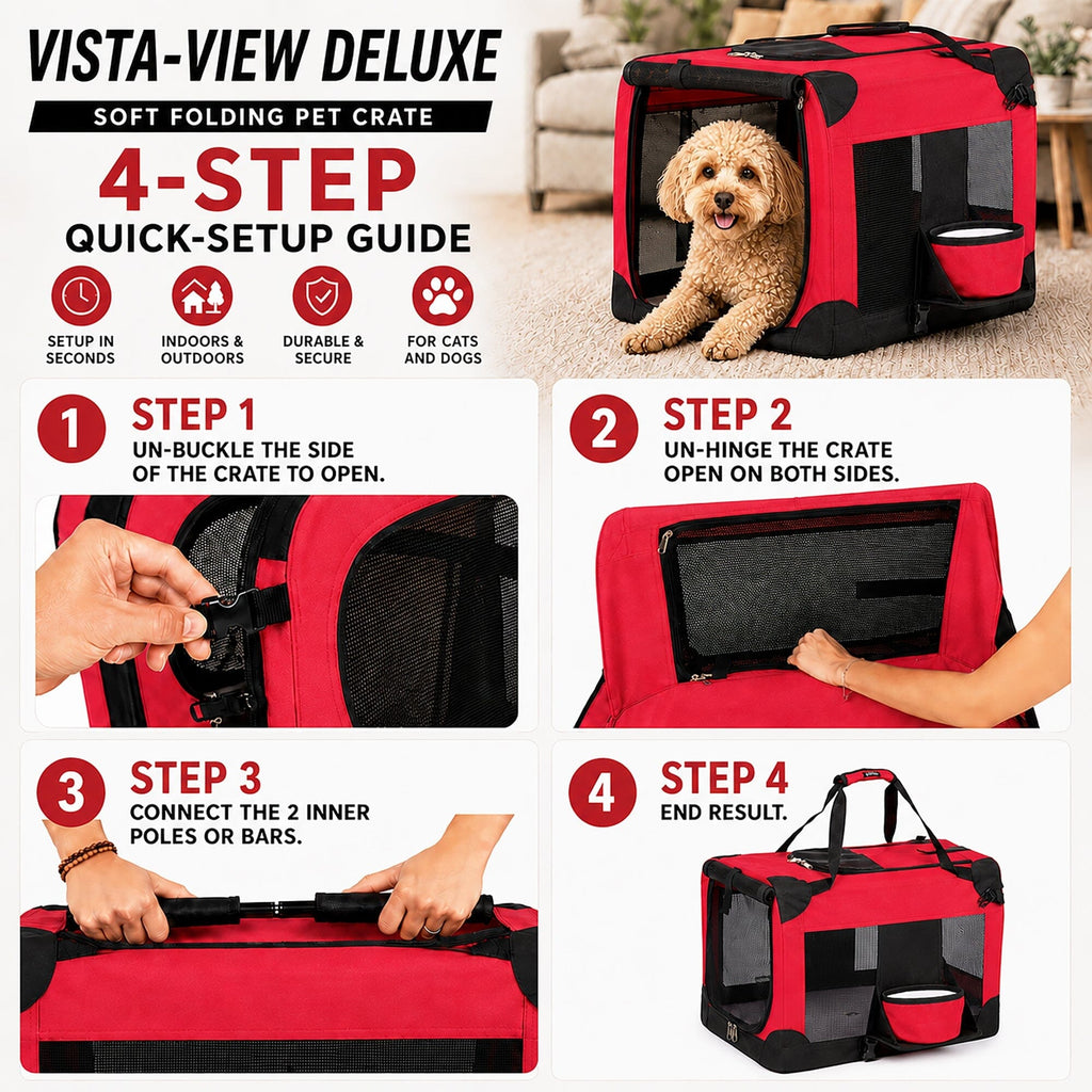 Pet Life ® 'Deluxe 360° Vista View' Zippered Soft Folding Collapsible Metal Framed Pet Dog Crate House Carrier w/ Removable Bowl and Pop-out Tray