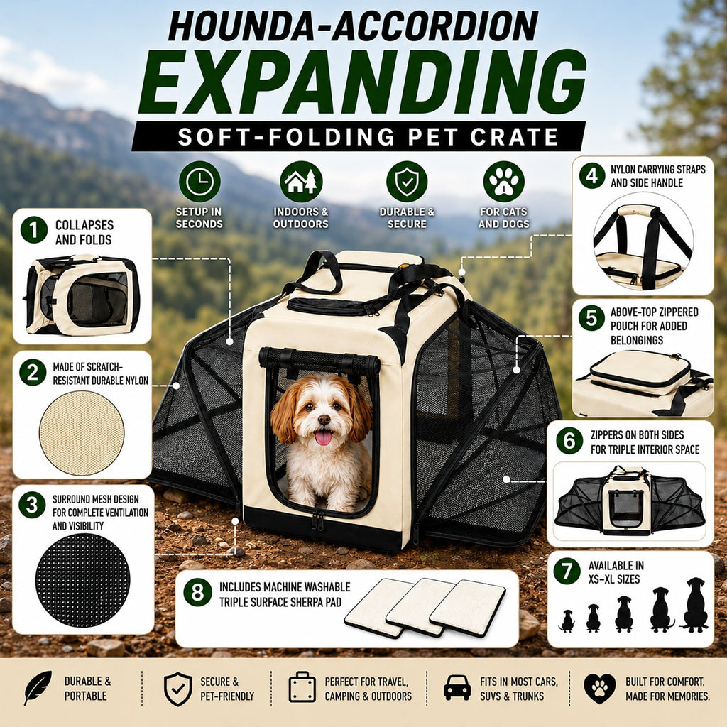 Pet Life ®  'Hounda Accordion' Metal Framed Soft-Folding Collapsible Dual-Sided Expandable Pet Dog Crate