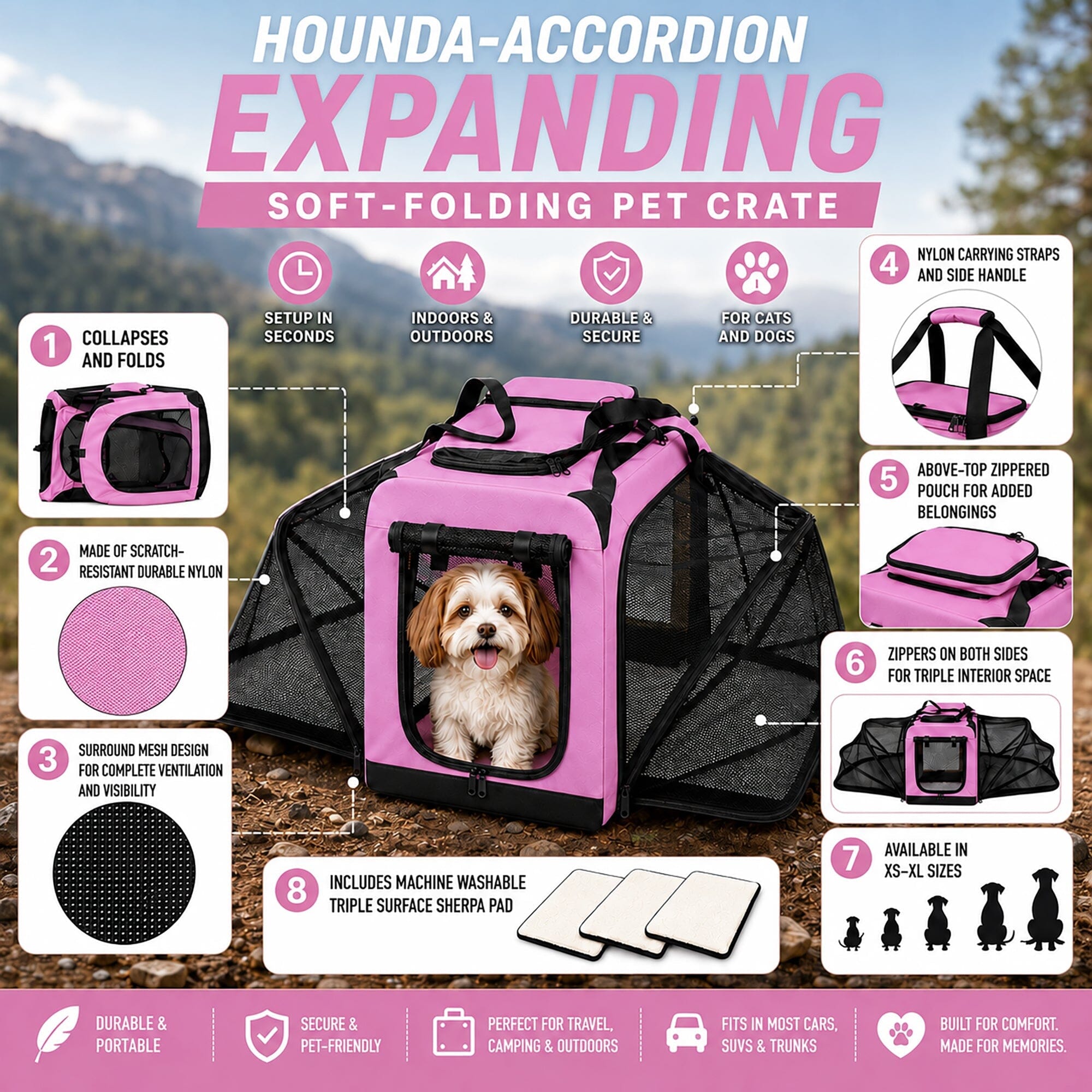 Pet Life ®  'Hounda Accordion' Metal Framed Soft-Folding Collapsible Dual-Sided Expandable Pet Dog Crate