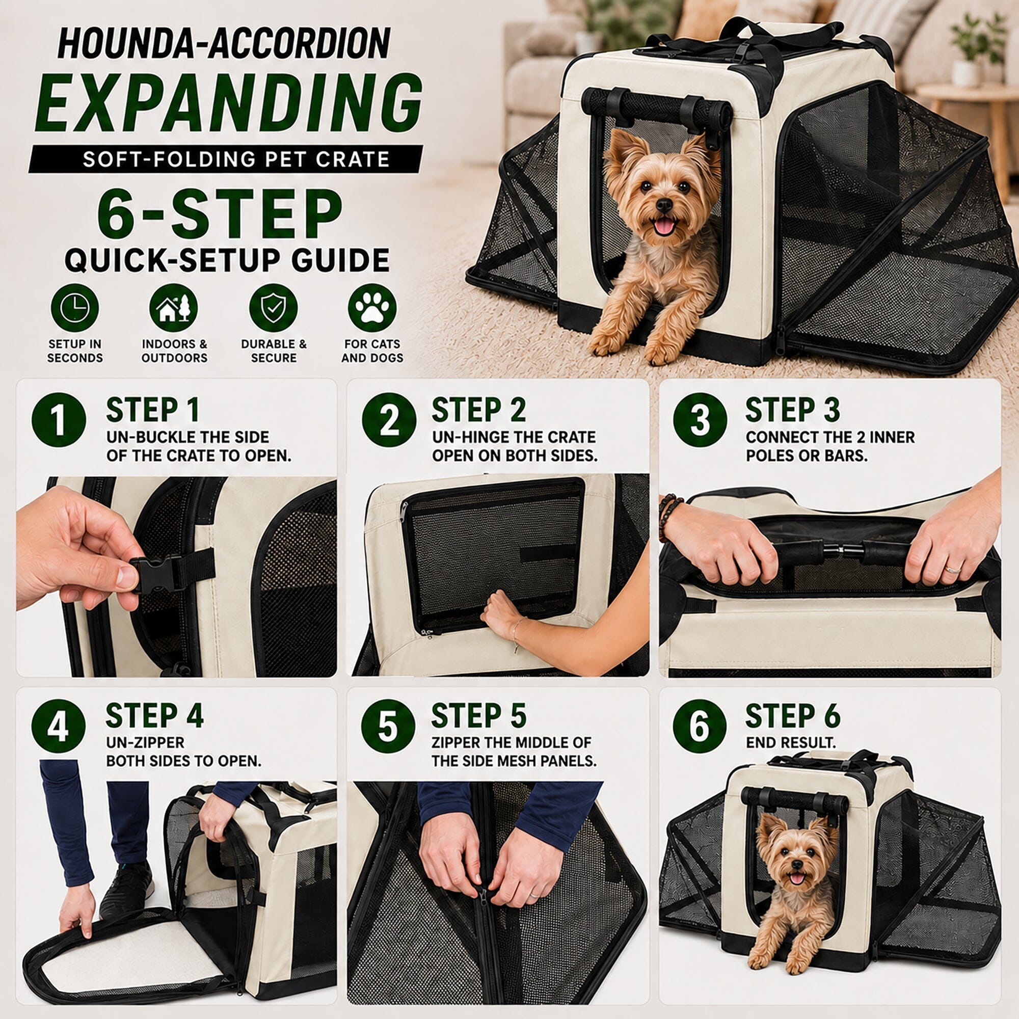 Pet Life ®  'Hounda Accordion' Metal Framed Soft-Folding Collapsible Dual-Sided Expandable Pet Dog Crate