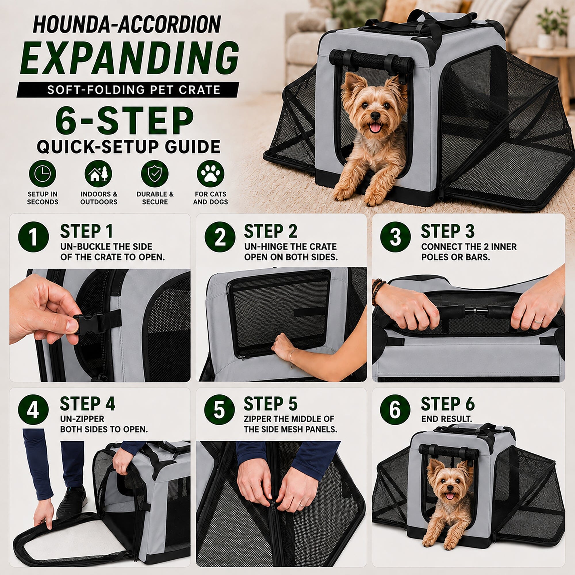 Pet Life ®  'Hounda Accordion' Metal Framed Soft-Folding Collapsible Dual-Sided Expandable Pet Dog Crate