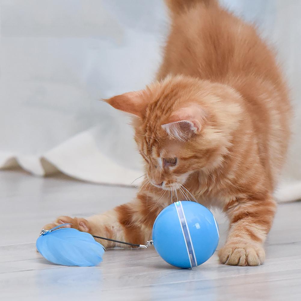 Smart Interactive Cat Toy Colorful LED Self Rotating Ball Bell and Feather Toys USB Rechargeable Cat Kitten Ball Toy Cat Exercise Ball with Feather Bell and Catnip