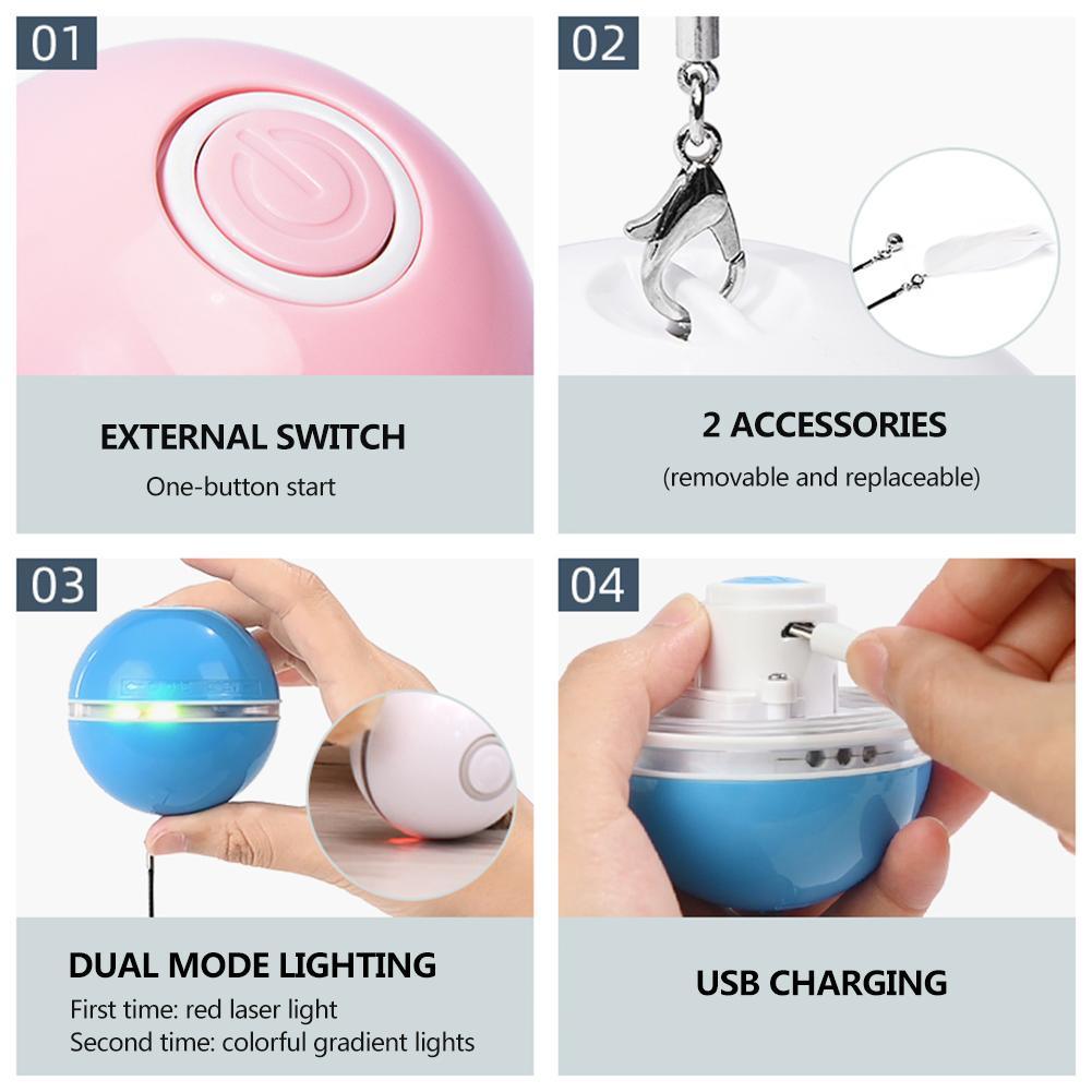 Smart Interactive Cat Toy Colorful LED Self Rotating Ball Bell and Feather Toys USB Rechargeable Cat Kitten Ball Toy Cat Exercise Ball with Feather Bell and Catnip