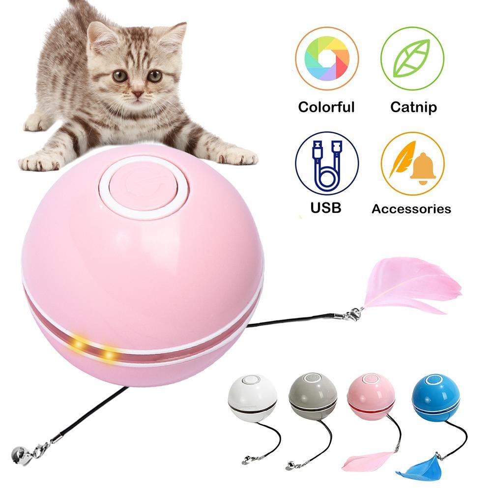 Smart Interactive Cat Toy Colorful LED Self Rotating Ball Bell and Feather Toys USB Rechargeable Cat Kitten Ball Toy Cat Exercise Ball with Feather Bell and Catnip