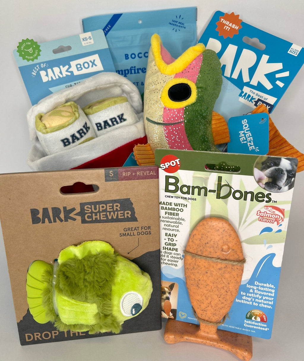 Super Chewer Fish Story Dog Gift Basket, New Puppy Gift Basket / Toys, Chew, Treats